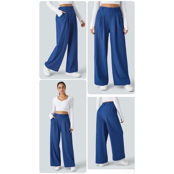 HALARA Pants - NWT Halara Navy Blue Stretch Waist Wide Leg Waffle Knit Trousers Pants Size M